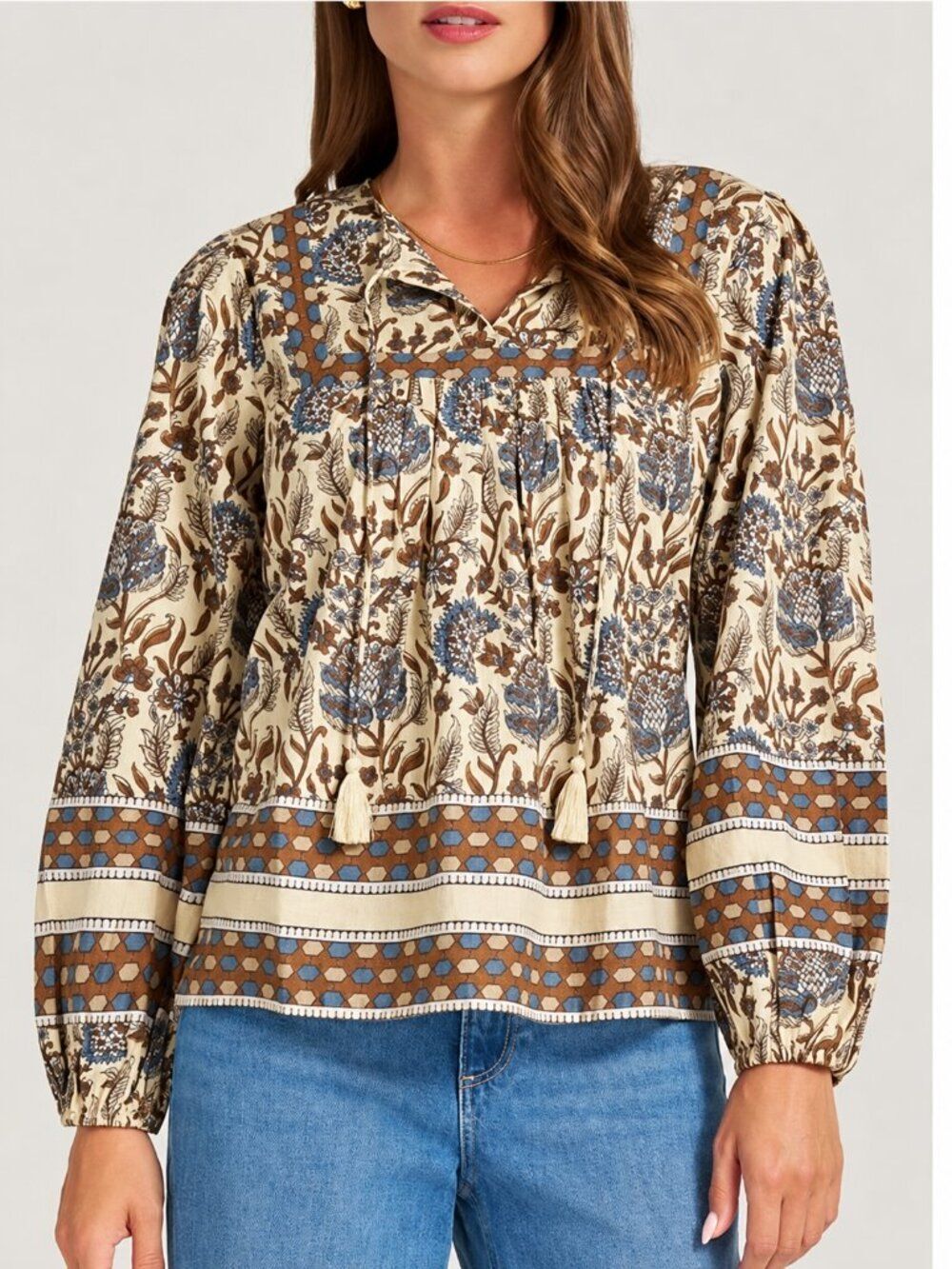 matty m. Acacia Boho Peasant Floral Cotton Split Neck Top Size XL NWT